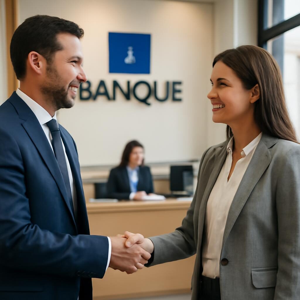 Garant et emprunteur se serrant la main à la banque