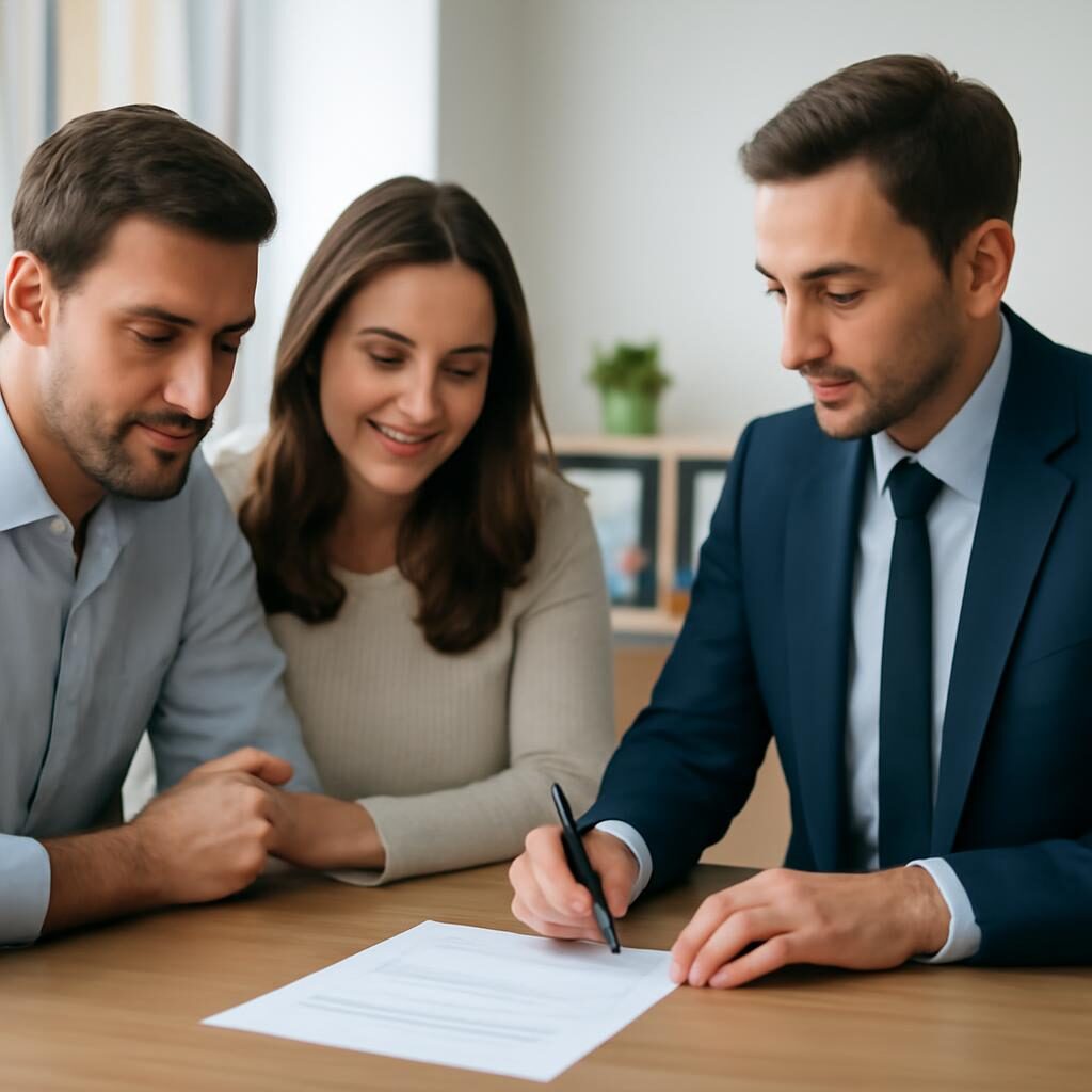 Couple signant une délégation d'assurance emprunteur en banque