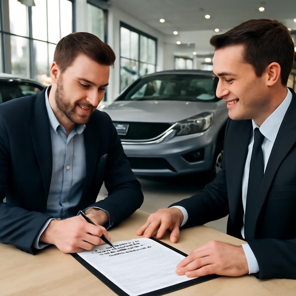 Professionnel indépendant signant un contrat de leasing véhicule chez un concessionnaire