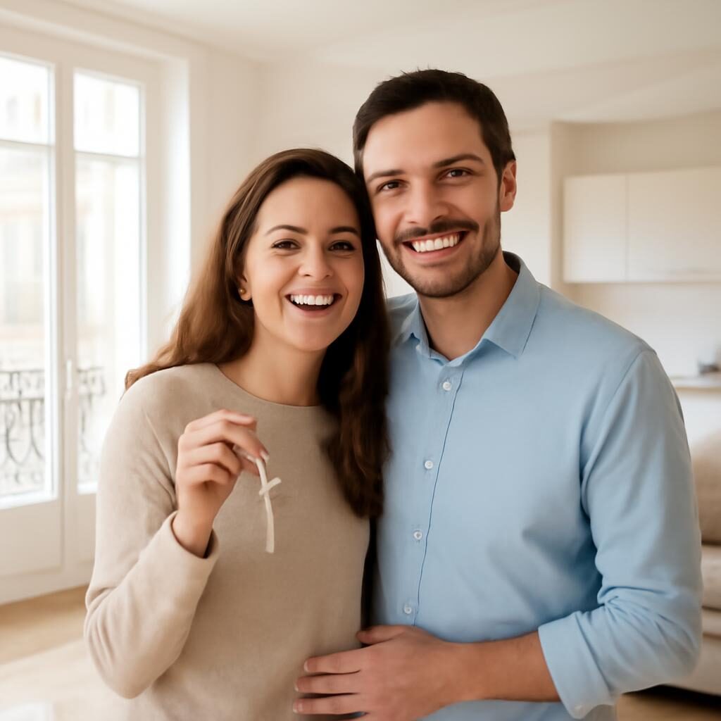Couple heureux tenant les clés de leur appartement après la loi Lemoine