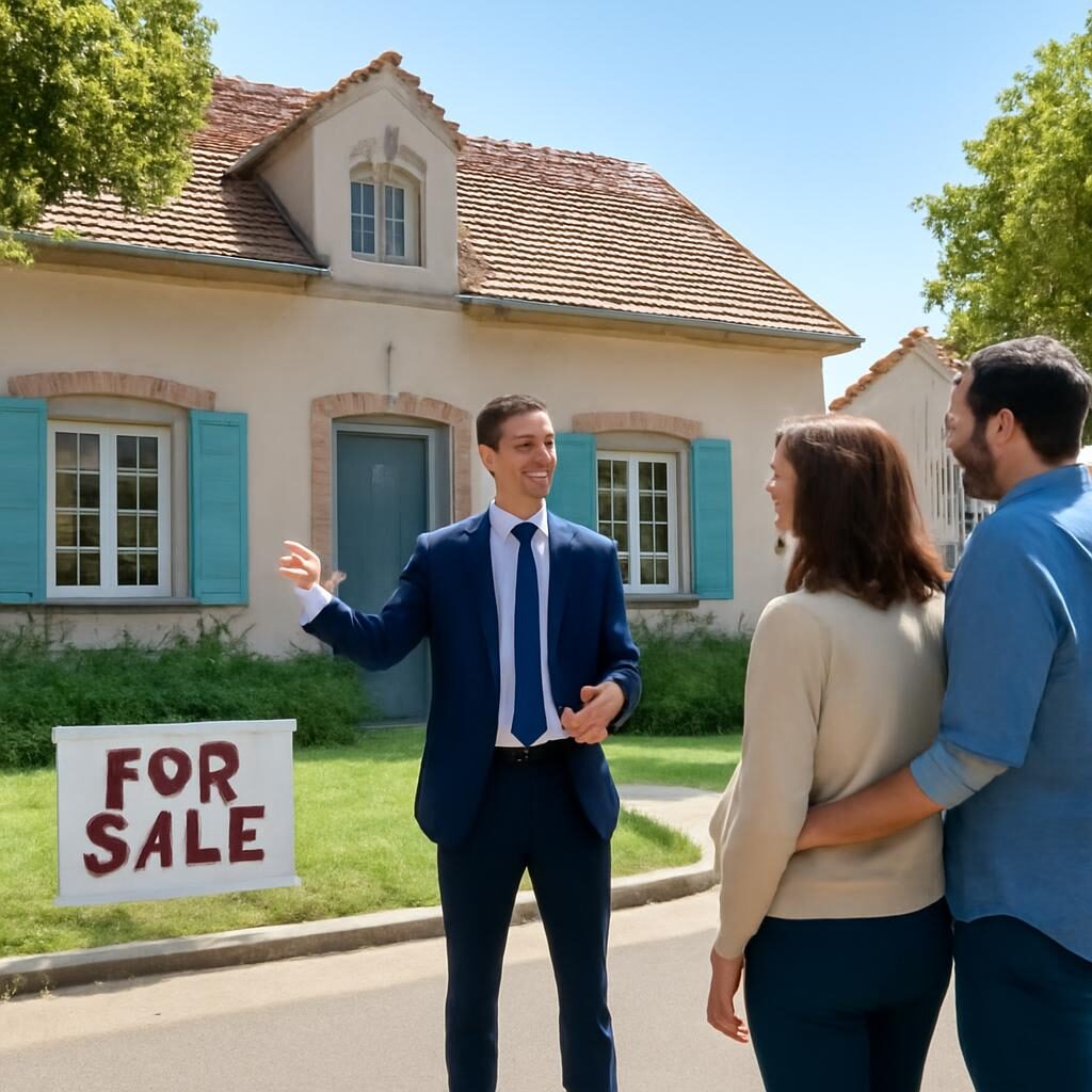 Mandat de vente exclusif : agent immobilier et acheteurs devant une maison