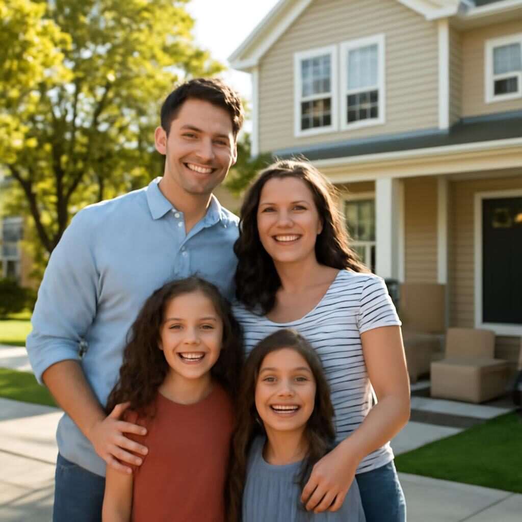 Famille heureuse dans leur nouveau logement après achat sans prêt relais