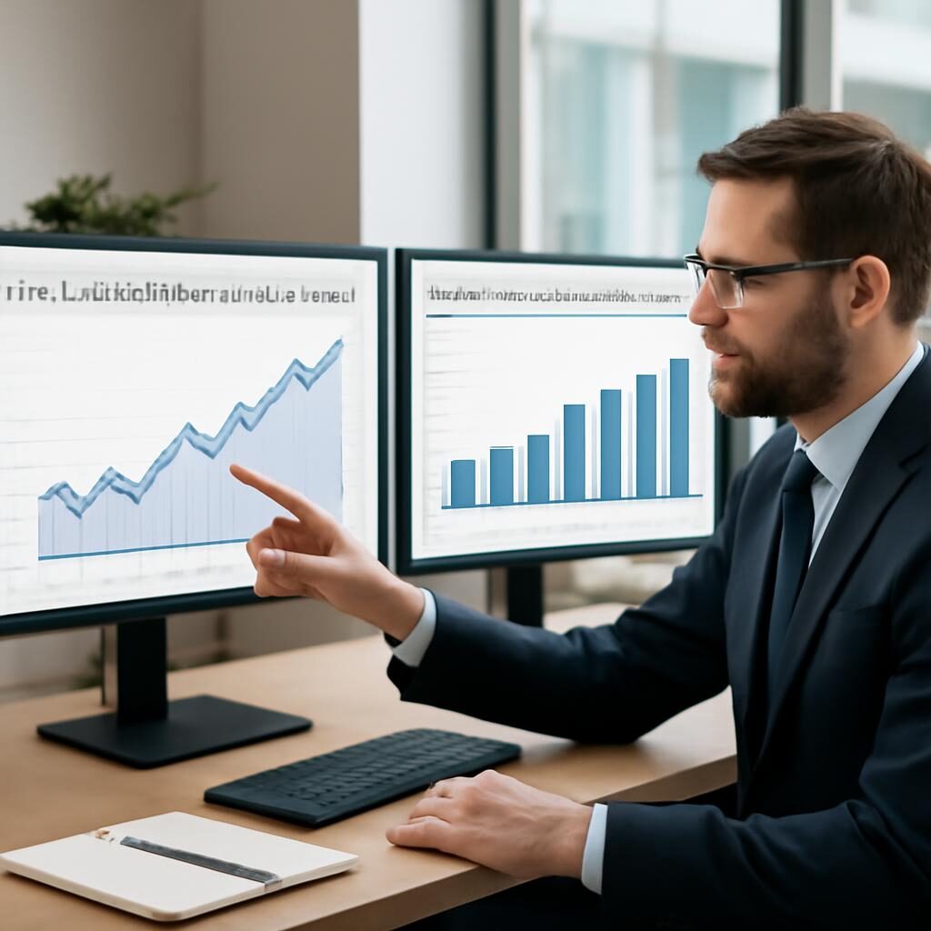 Conseiller financier comparant performances SCPI et patrimoine locatif sur écran