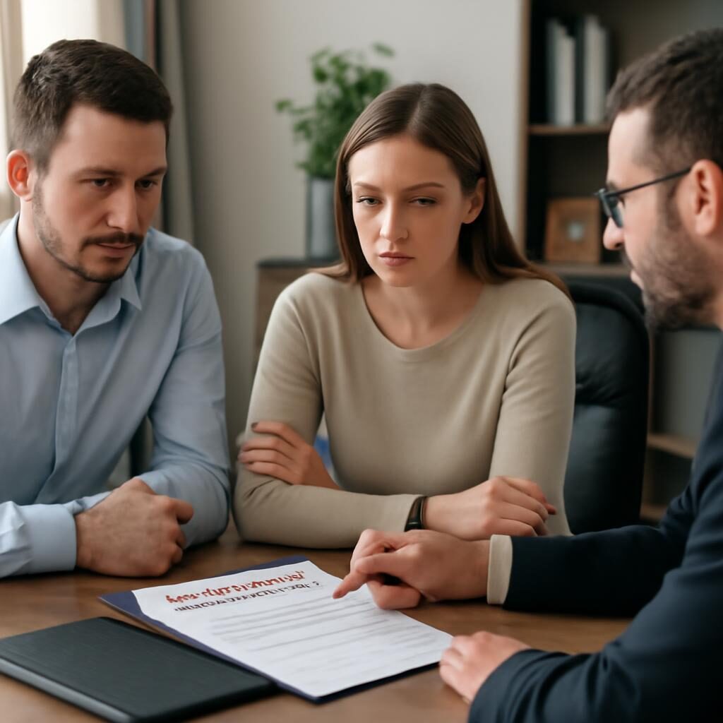 Couple devant un notaire pour un rachat de soulte lors d'une séparation