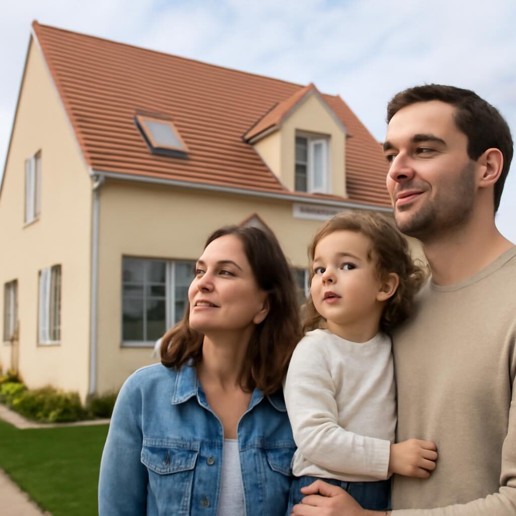 Jeune famille devant la maison qu'elle souhaite acheter