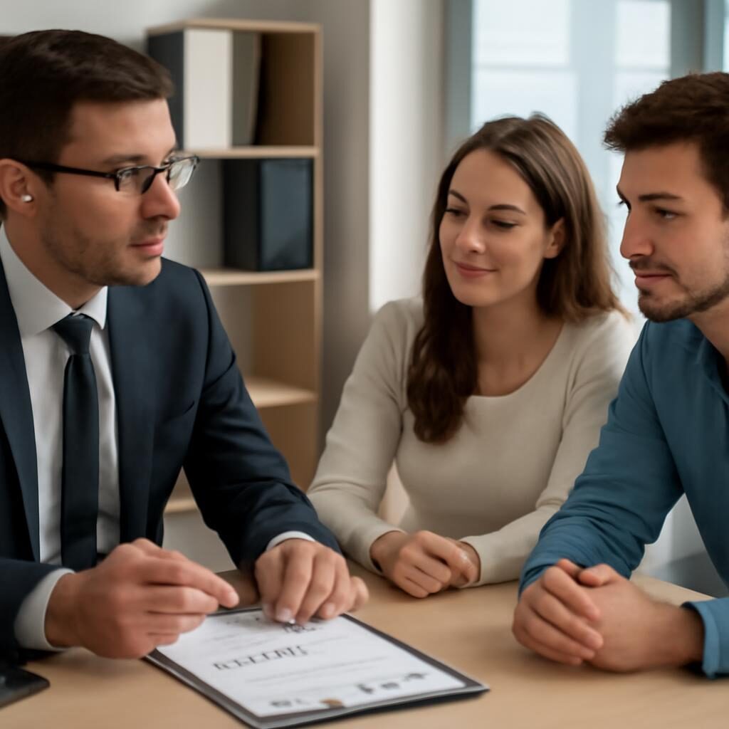 Conseiller bancaire avec jeune couple discutant prêt immobilier