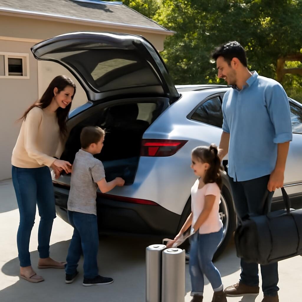 Famille chargeant un SUV électrique loué en LOA