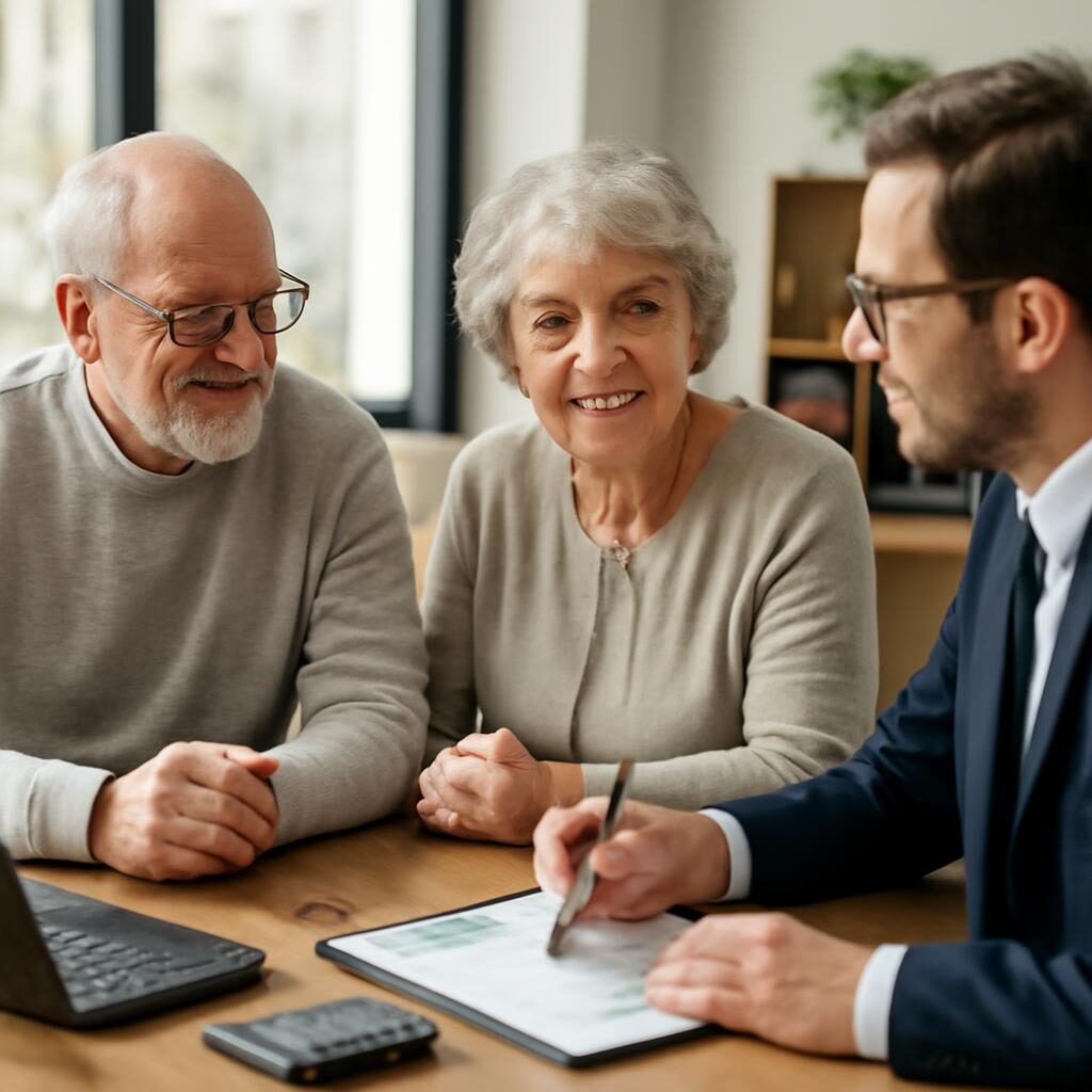 Couple de seniors en réunion avec un conseiller financier pour un prêt relais
