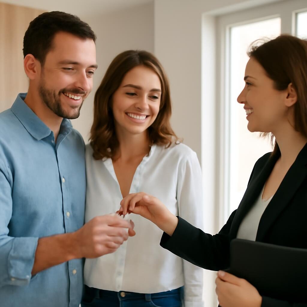 Jeune couple primo-accédant recevant les clés de son premier logement
