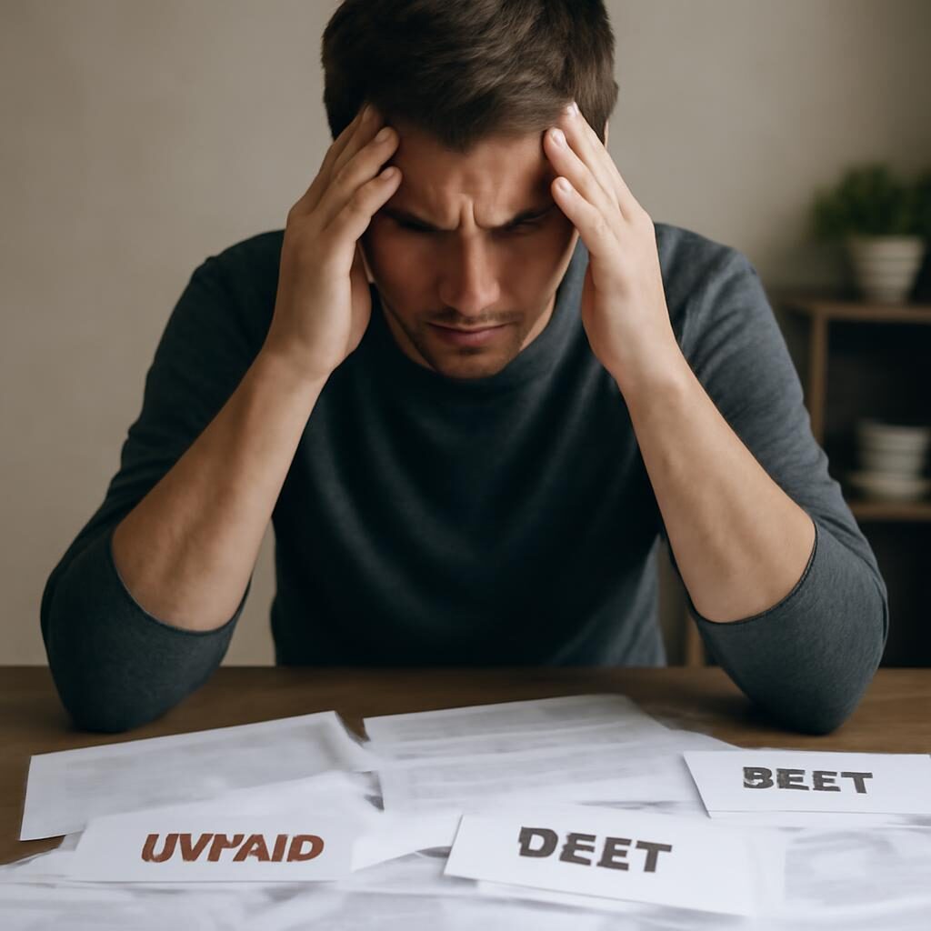 Personne en difficulté financière entourée de factures et courriers de dettes