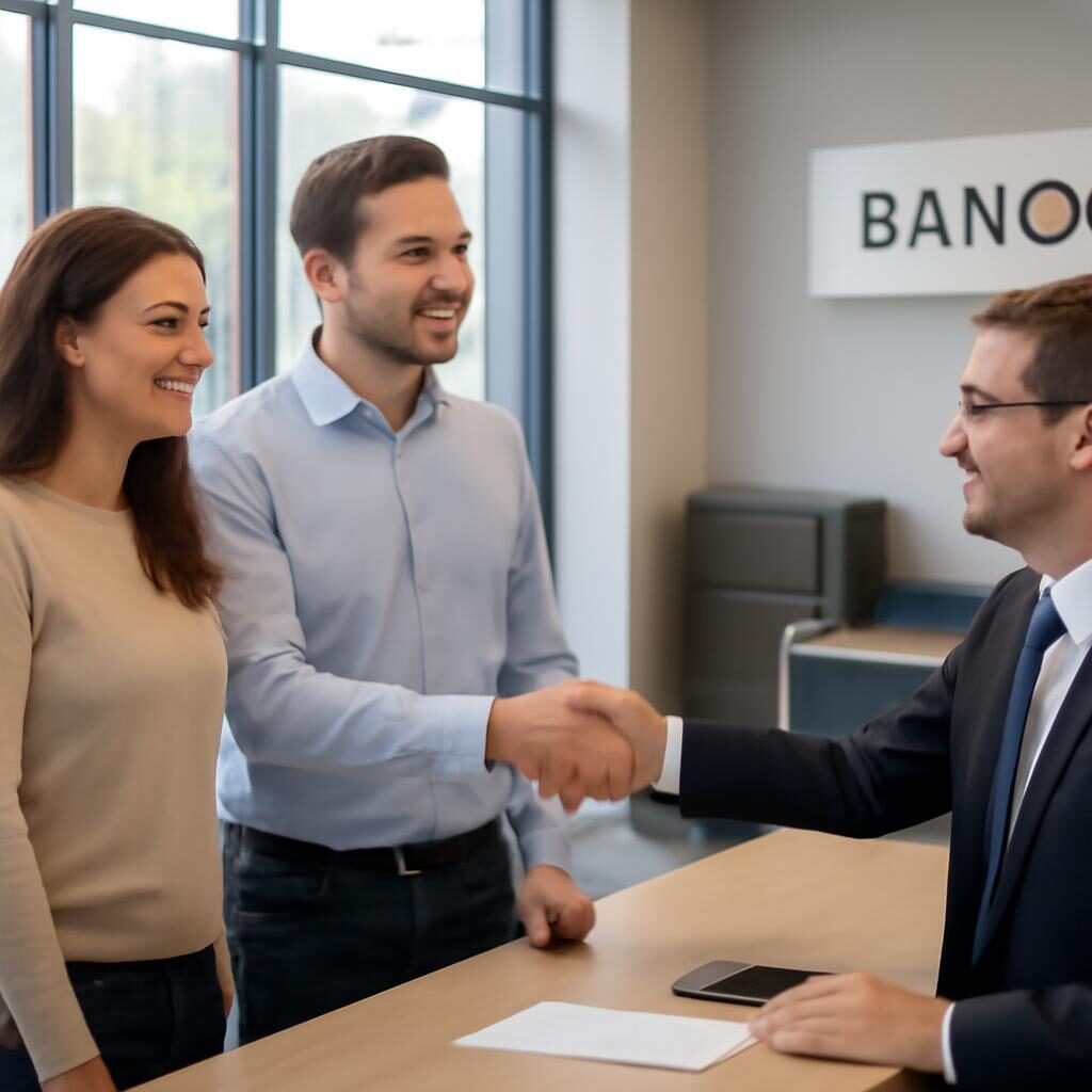 Couple signant un prêt immobilier en agence bancaire