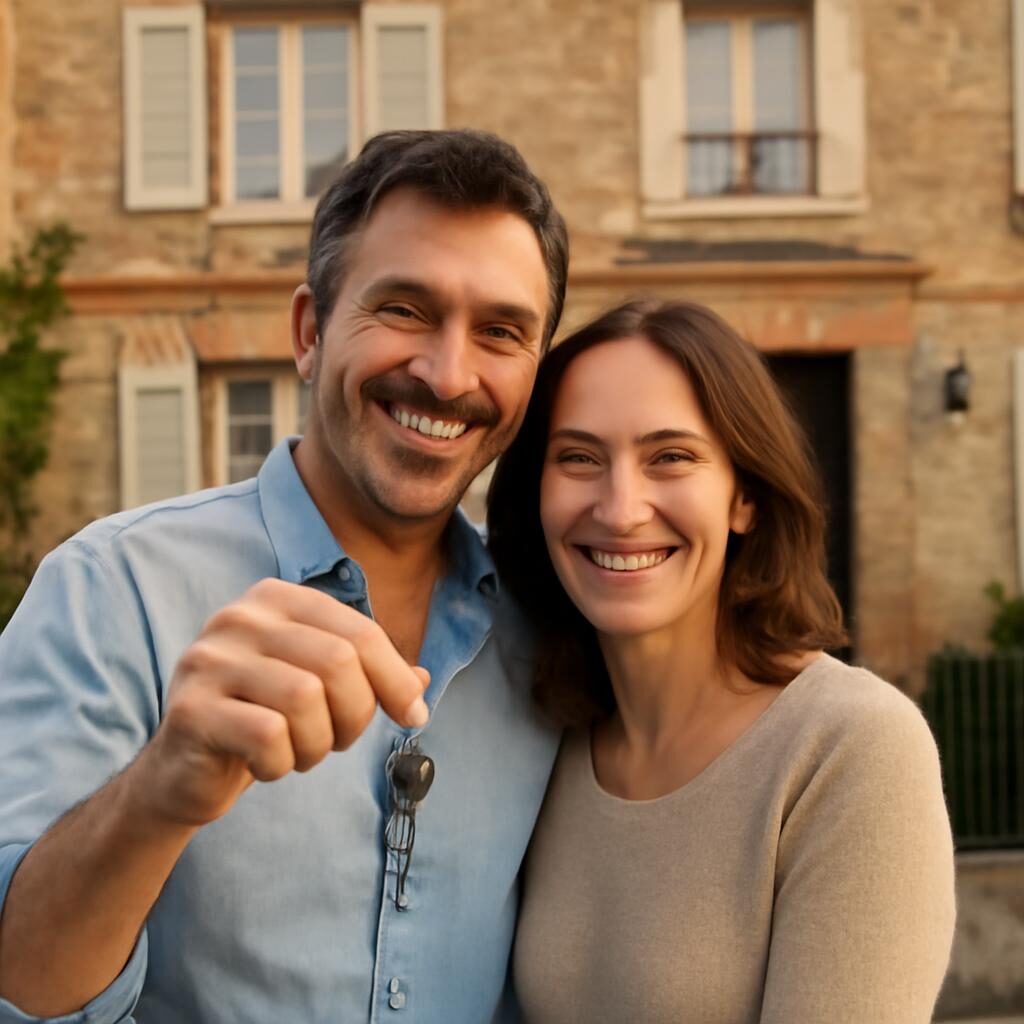 Couple recevant les clés après comparateur taux crédit immobilier